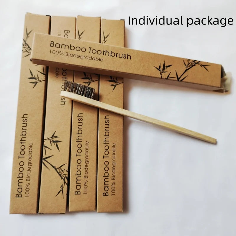10-Pack Horse Bristle Bamboo Toothbrushes — Individually Packaged, Plastic-Free
