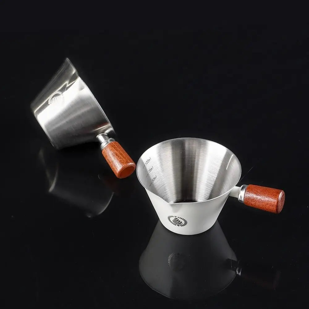 Stainless Steel Espresso Shot Cup with Walnut Wood Handle – 100ml Double Shot Measuring Cup