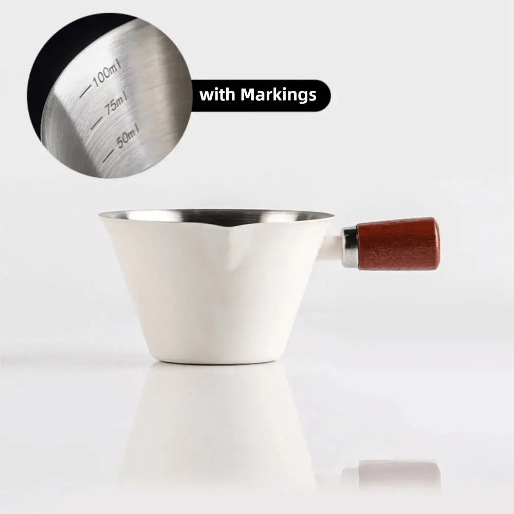 Stainless Steel Espresso Shot Cup with Walnut Wood Handle – 100ml Double Shot Measuring Cup
