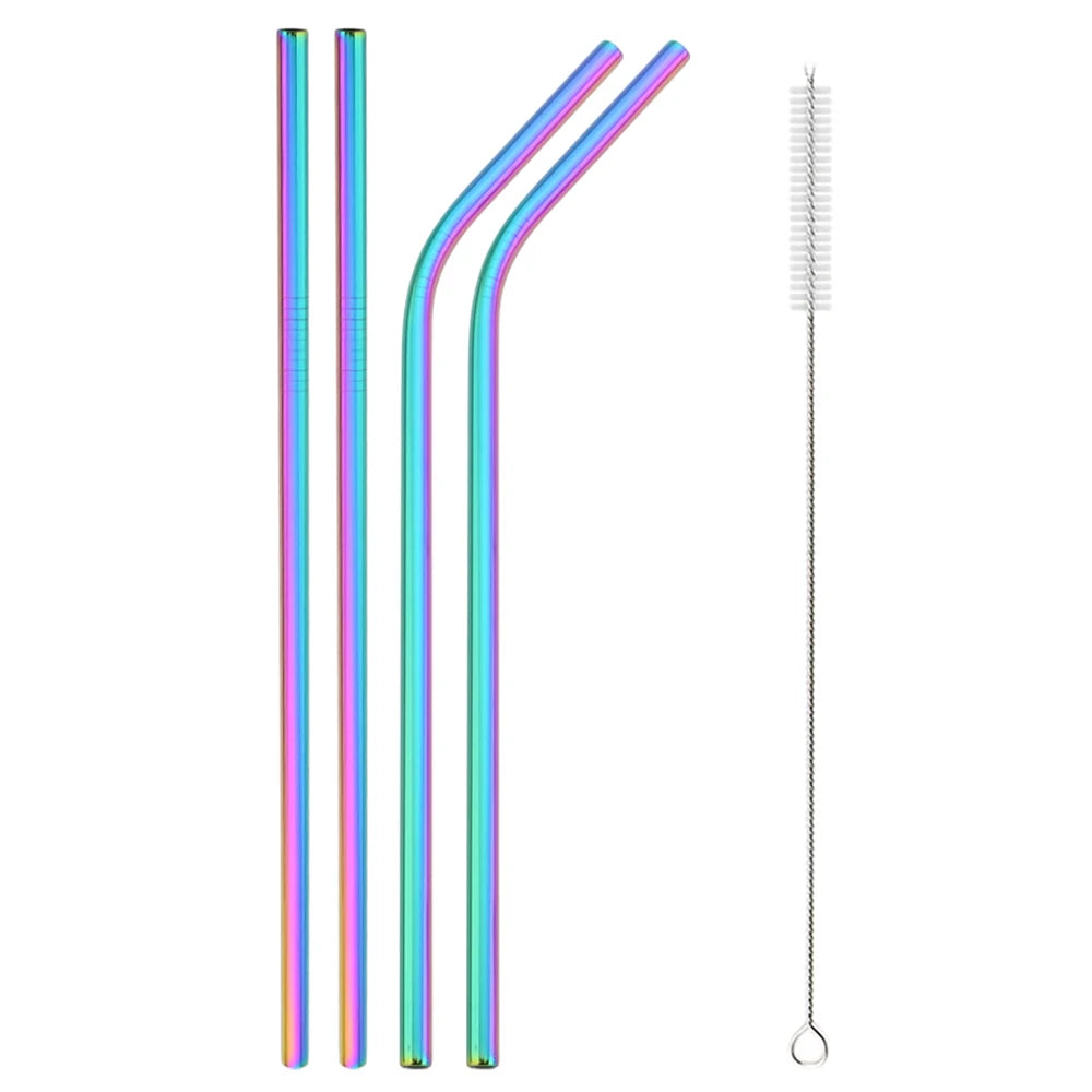 Snplowum Reusable Stainless Steel Straws – Straight & Bent | Rainbow & Silver | CE/EU LFGB SGS Certified