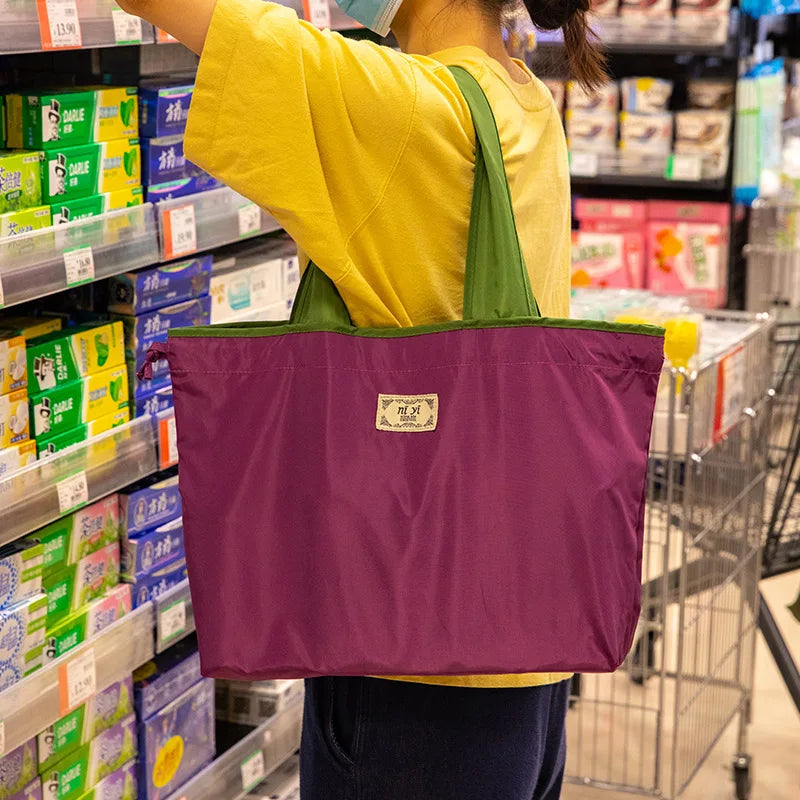 Foldable Drawstring Shopping Bag – Large Reusable Nylon Tote