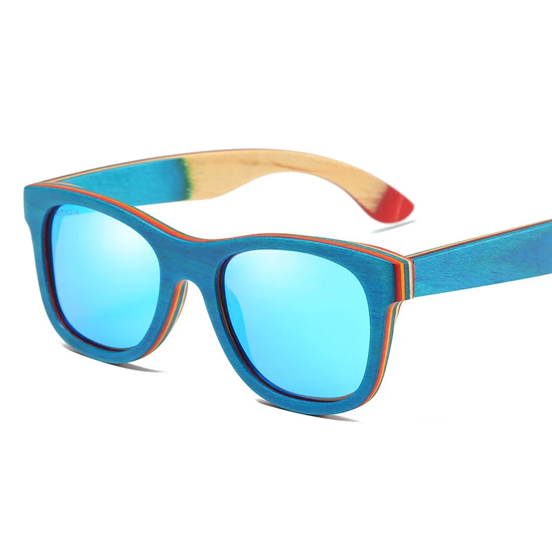 Polarised Sunglasses with Skateboard Wood Frame — UV400, Cat 3, Mirrored Lenses, Wooden Box | W033