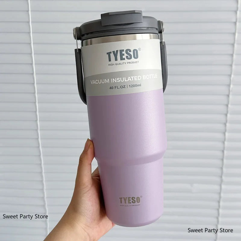 TYESO Insulated Tumbler with Straw & Handle – 600ml to 1200ml | Hot & Cold Flask
