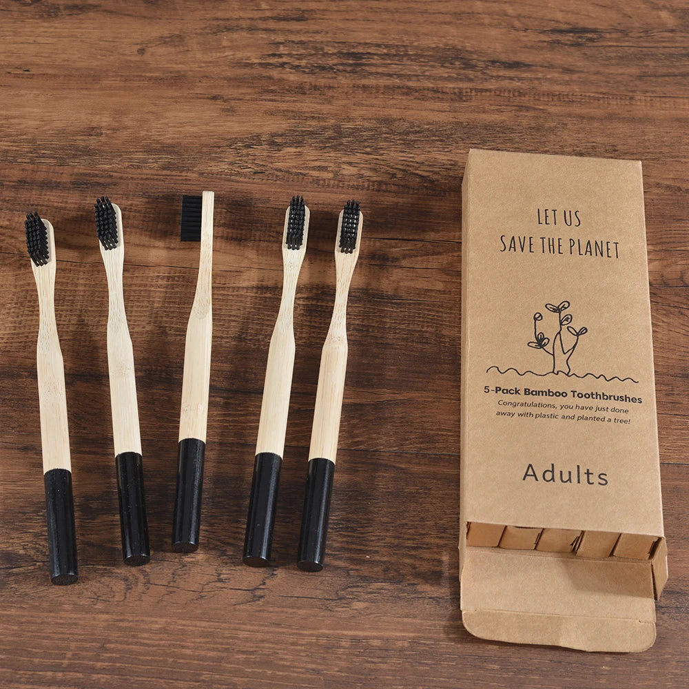 Bamboo Handle Toothbrushes, 5-Pack, Nylon Bristles