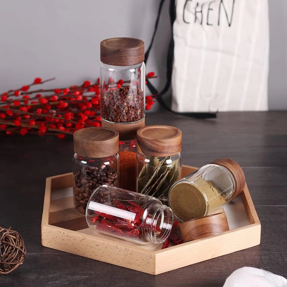 Borosilicate Glass Storage Jars with Acacia Wood Screw Lids | Set of 4 or 6