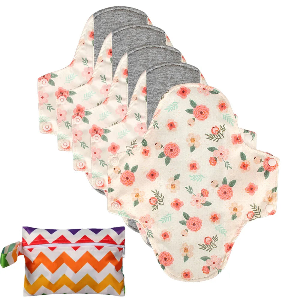 Reusable Cloth Menstrual Pads with Wet Bag – Light Flow / Day | 5-Pack, 20×23cm