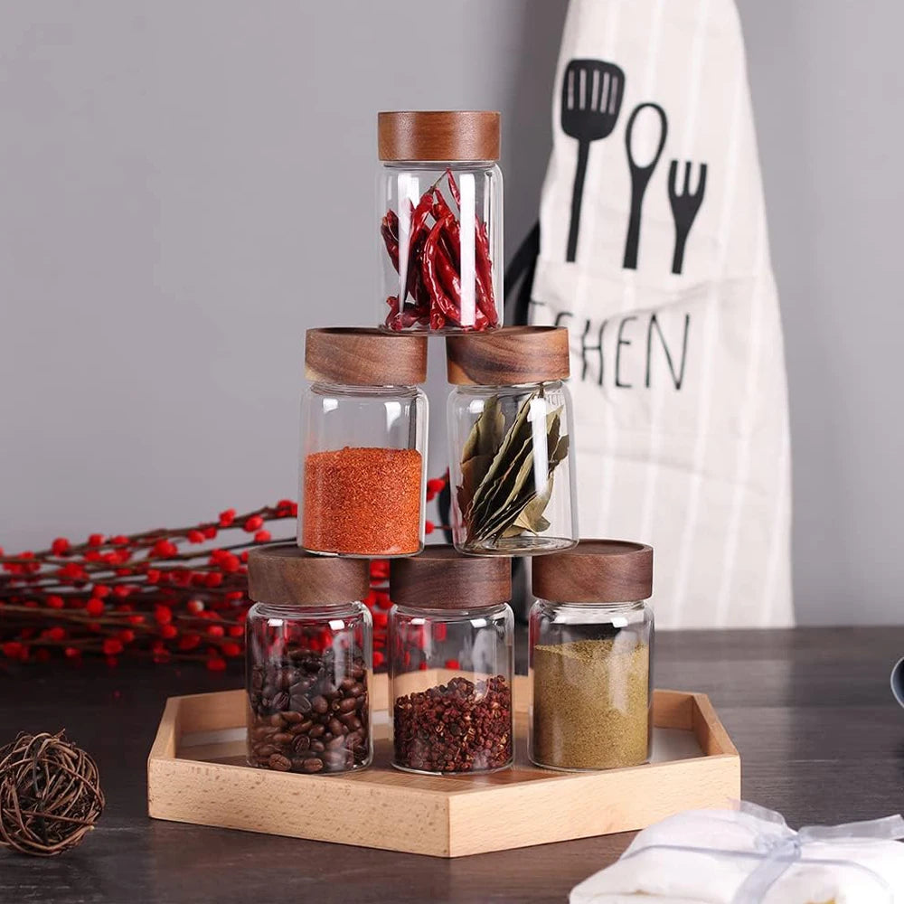 Borosilicate Glass Storage Jars with Acacia Wood Screw Lids | Set of 4 or 6
