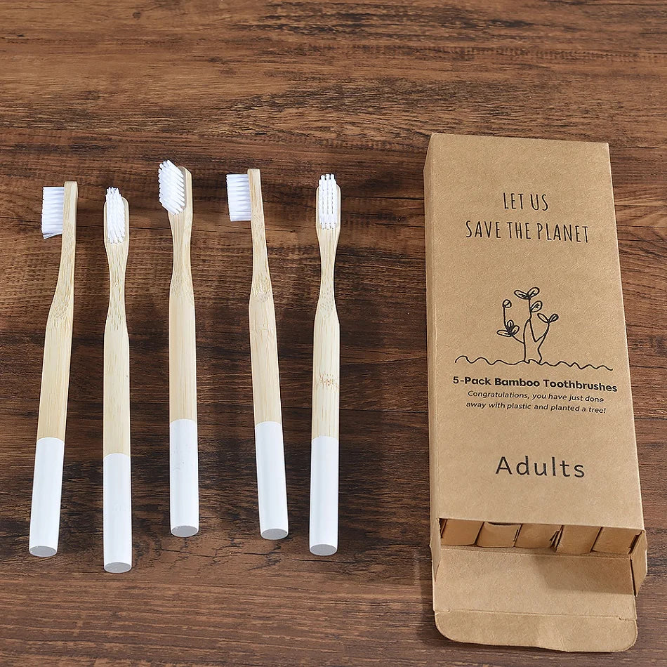 Bamboo Handle Toothbrushes, 5-Pack, Nylon Bristles