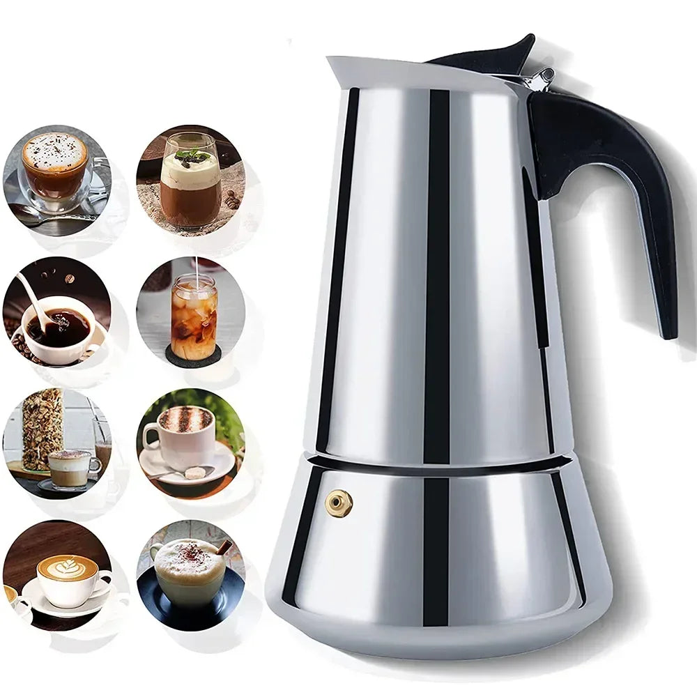 Stainless Steel Moka Pot | All-Hob Stovetop Espresso Maker | 2 Styles | 100ml–600ml