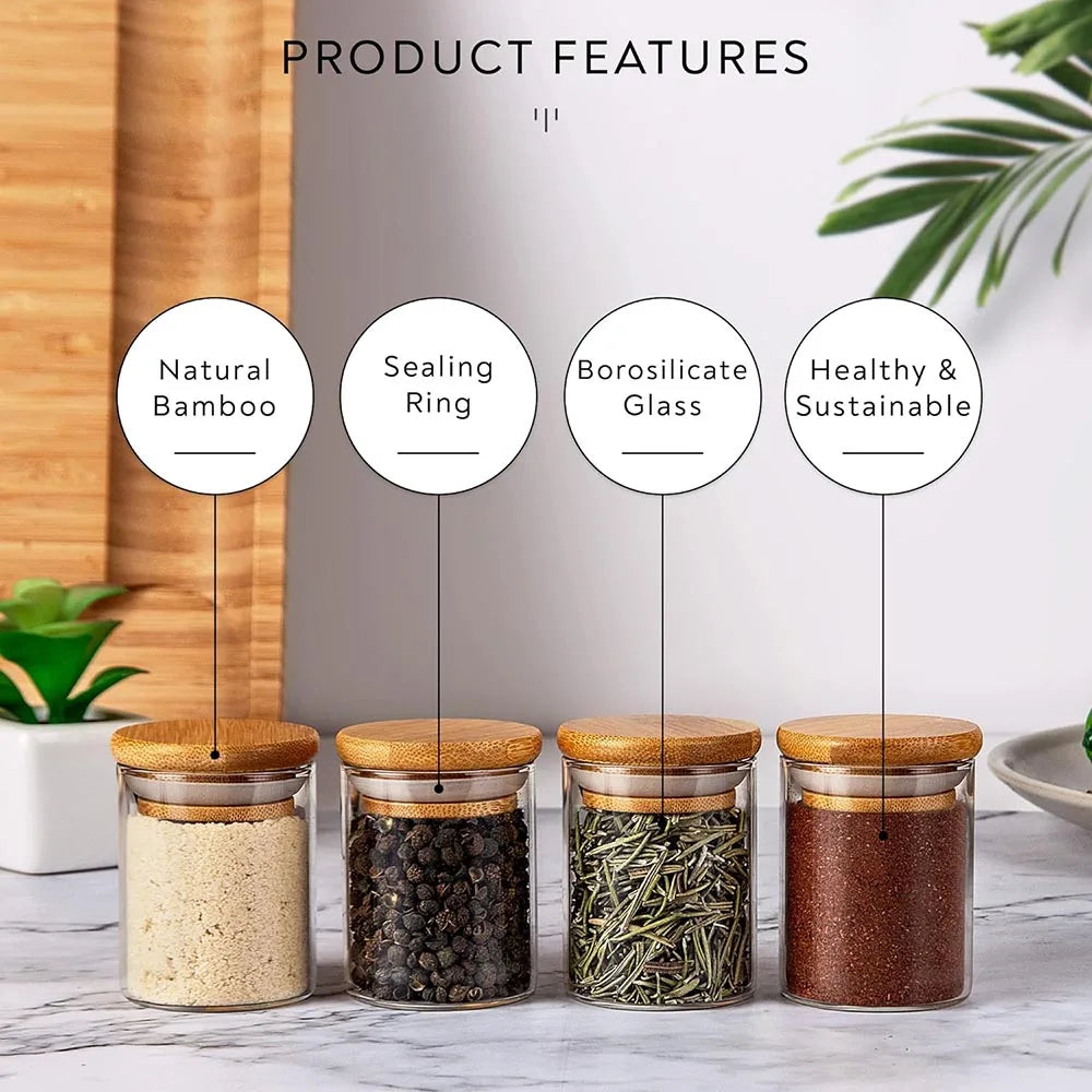 Borosilicate Glass Spice Jars with Bamboo Lids | Set of 5 or 12 | 75ml