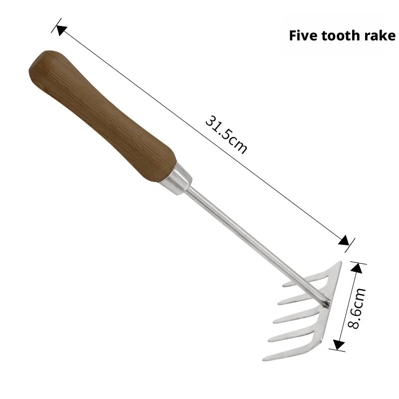Stainless Steel Garden Tool Set – Fork, Rake, Hoe & Shovel with Antique Wood Handle