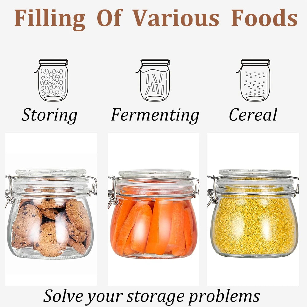 Airtight Glass Storage Jars with Hinged Lid & Silicone Seal - Wide Mouth | 380ml–1000ml