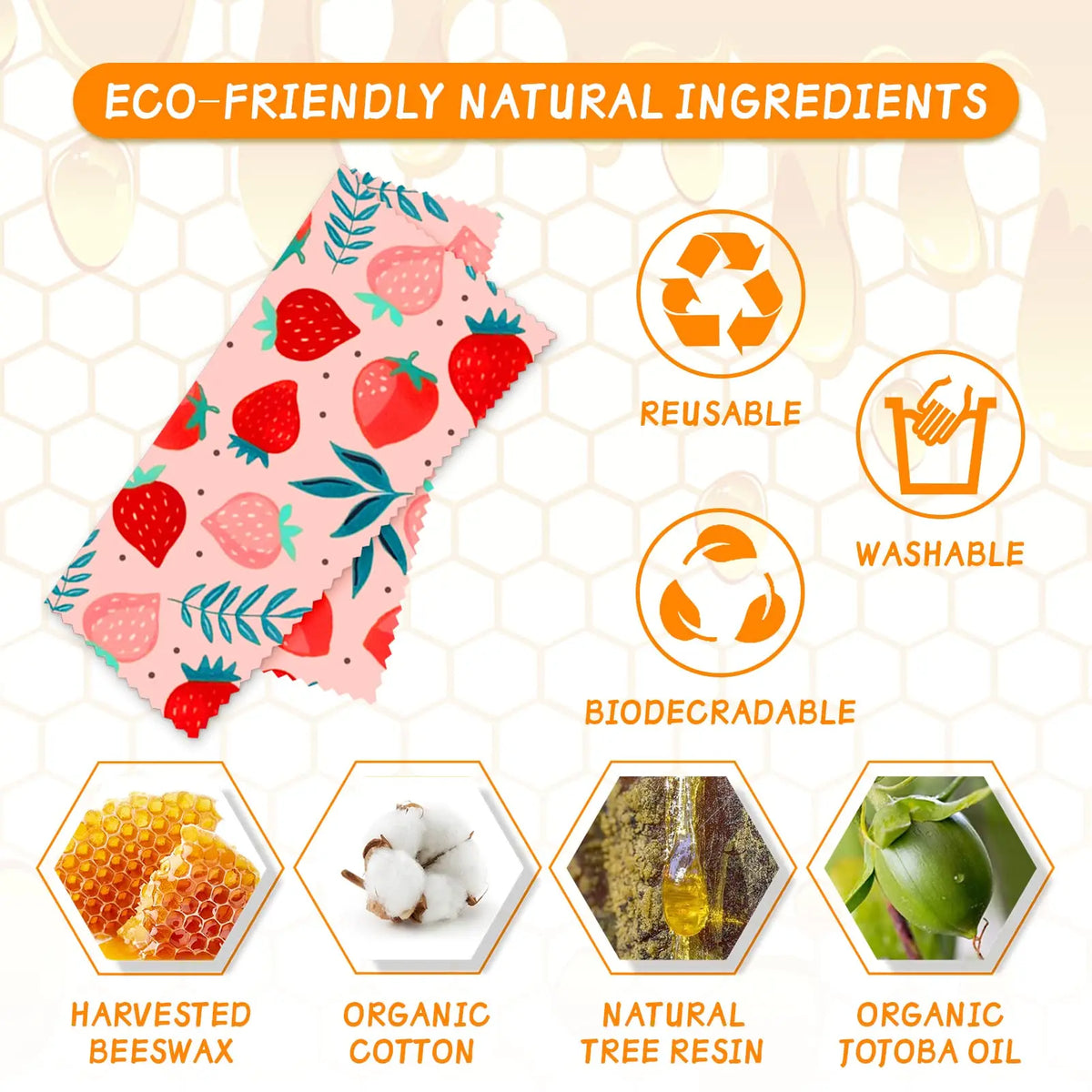 Reusable Beeswax Food Wraps | 9-Piece Set | 3 Sizes | Cotton, Beeswax, Resin & Jojoba Oil