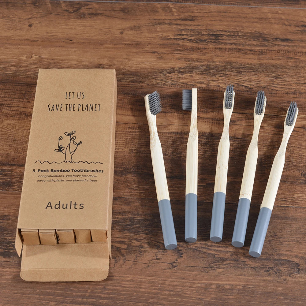 Bamboo Handle Toothbrushes, 5-Pack, Nylon Bristles