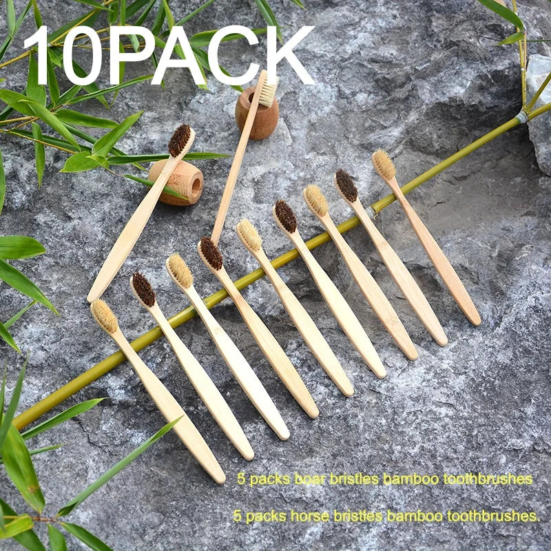 10-Pack Assorted Horse & Boar Bristle Bamboo Toothbrushes — Plastic-Free, Natural Bristle