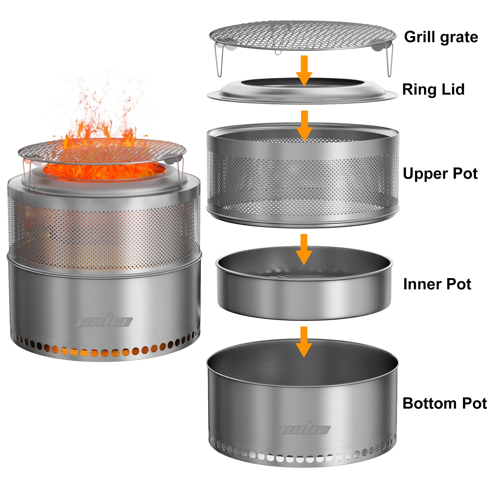 19-inch Portable Stainless Steel Fire Pit — Wood Burning, Outdoor Use