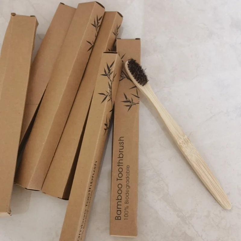 10-Pack Horse Bristle Bamboo Toothbrushes — Individually Packaged, Plastic-Free