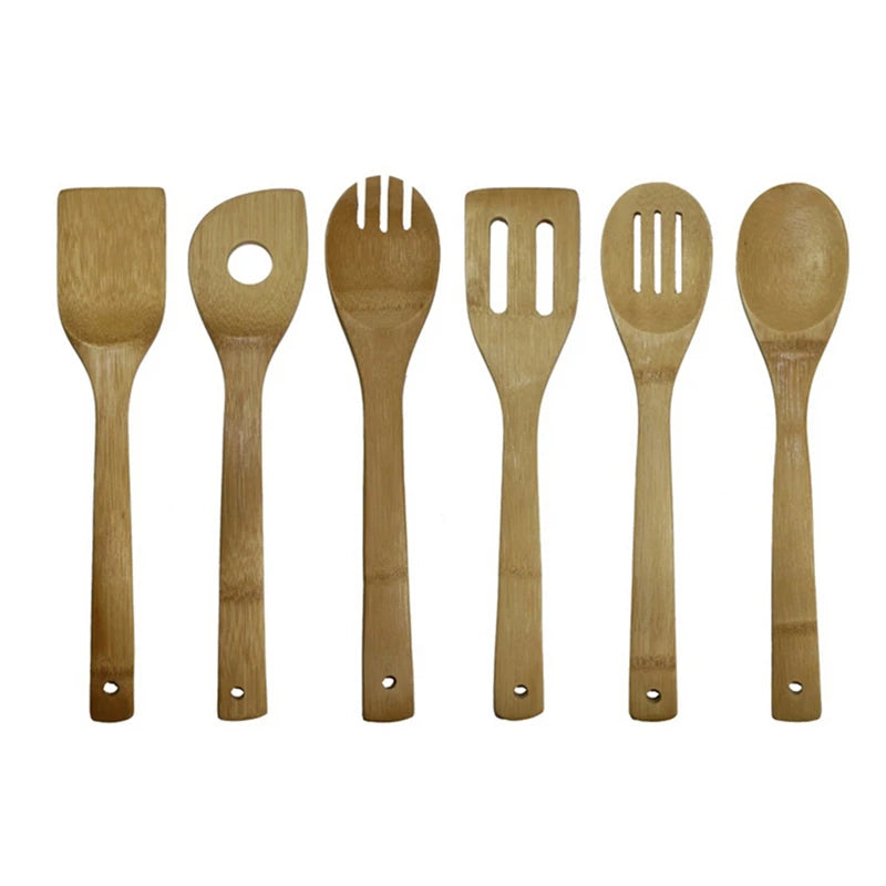 Bamboo Kitchen Utensil Set - 6-Piece Wooden Spoons & Spatulas with Storage Bag