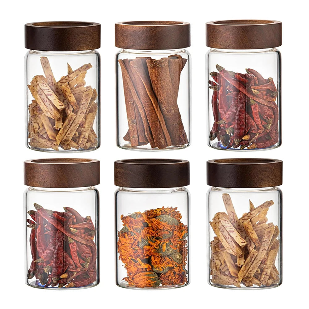 Borosilicate Glass Storage Jars with Acacia Wood Screw Lids | Set of 4 or 6