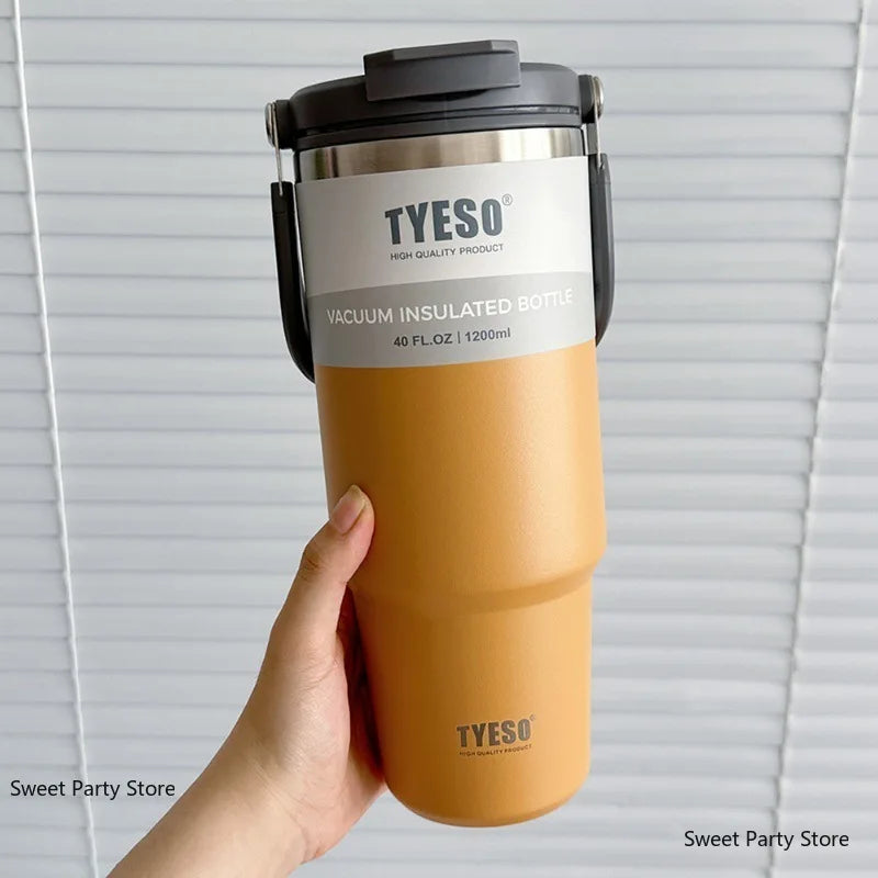 TYESO Insulated Tumbler with Straw & Handle – 600ml to 1200ml | Hot & Cold Flask