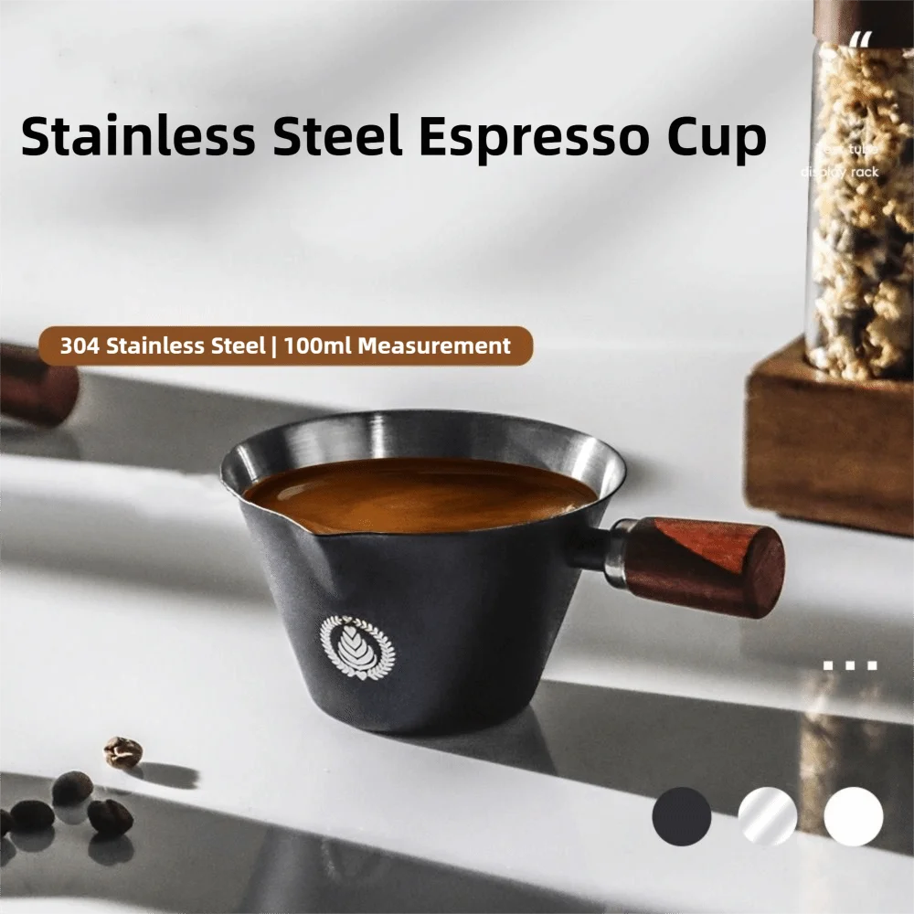 Stainless Steel Espresso Shot Cup with Walnut Wood Handle – 100ml Double Shot Measuring Cup