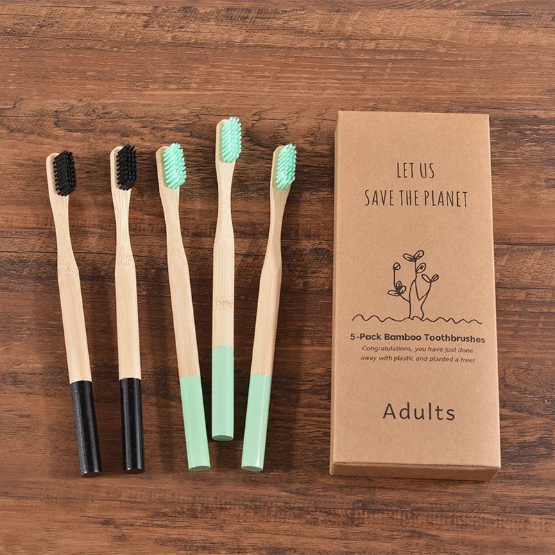 Bamboo Handle Toothbrushes, 5-Pack, Nylon Bristles