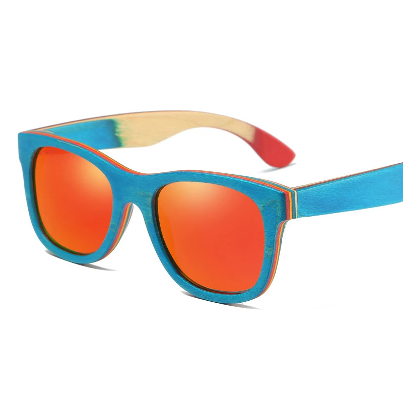 Polarised Sunglasses with Skateboard Wood Frame — UV400, Cat 3, Mirrored Lenses, Wooden Box | W033