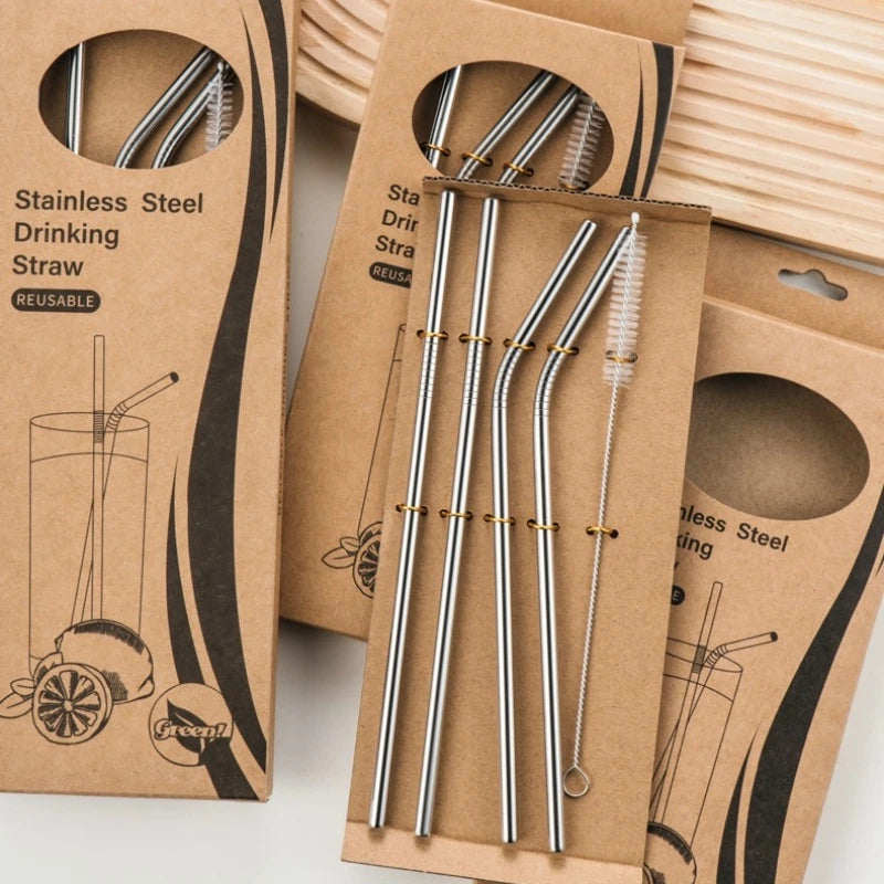 Reusable Stainless Steel Straw Set with Brush – 4 Straws