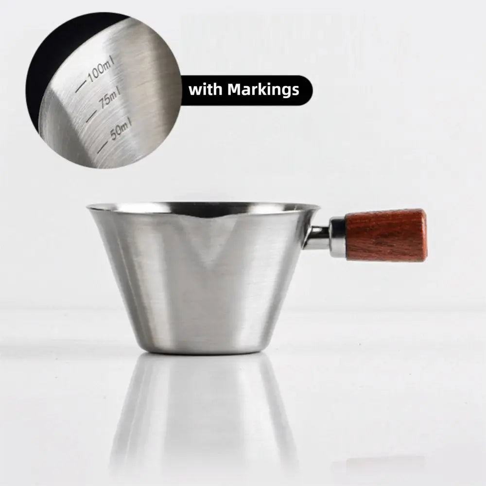 Stainless Steel Espresso Shot Cup with Walnut Wood Handle – 100ml Double Shot Measuring Cup