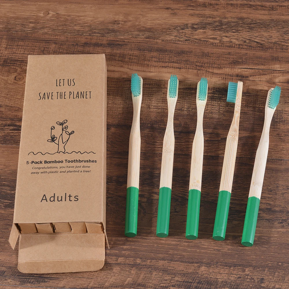 Bamboo Handle Toothbrushes, 5-Pack, Nylon Bristles