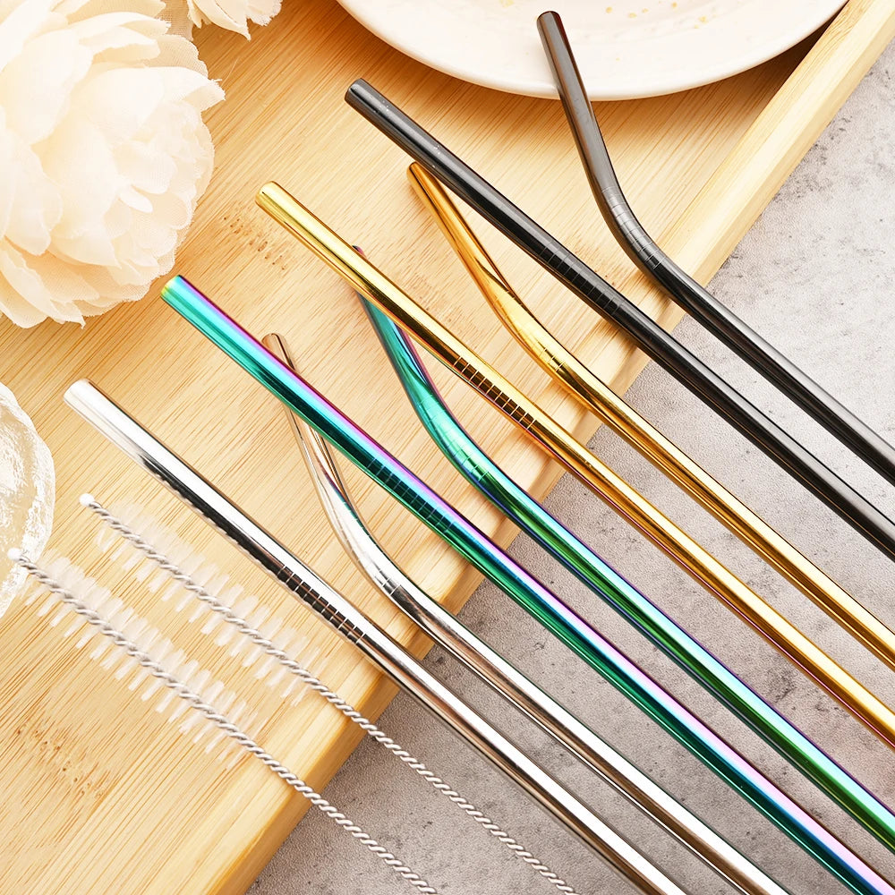 Snplowum Reusable Stainless Steel Straws – Straight & Bent | Rainbow & Silver | CE/EU LFGB SGS Certified