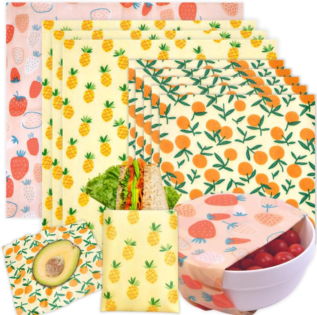Reusable Beeswax Food Wraps | 9-Piece Set | 3 Sizes | Cotton, Beeswax, Resin & Jojoba Oil