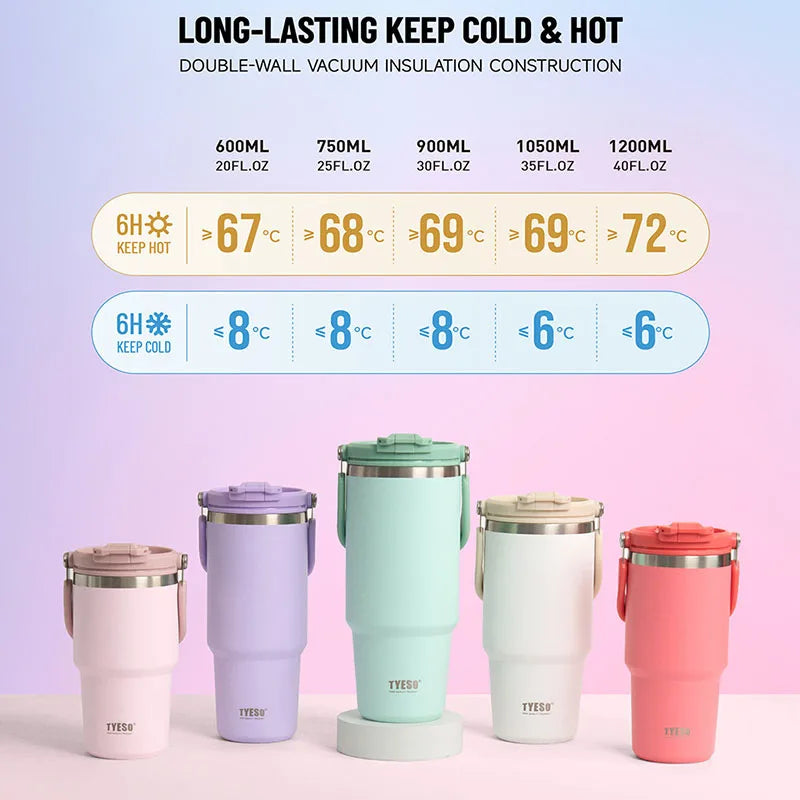 TYESO Insulated Tumbler with Straw & Handle – 600ml to 1200ml | Hot & Cold Flask