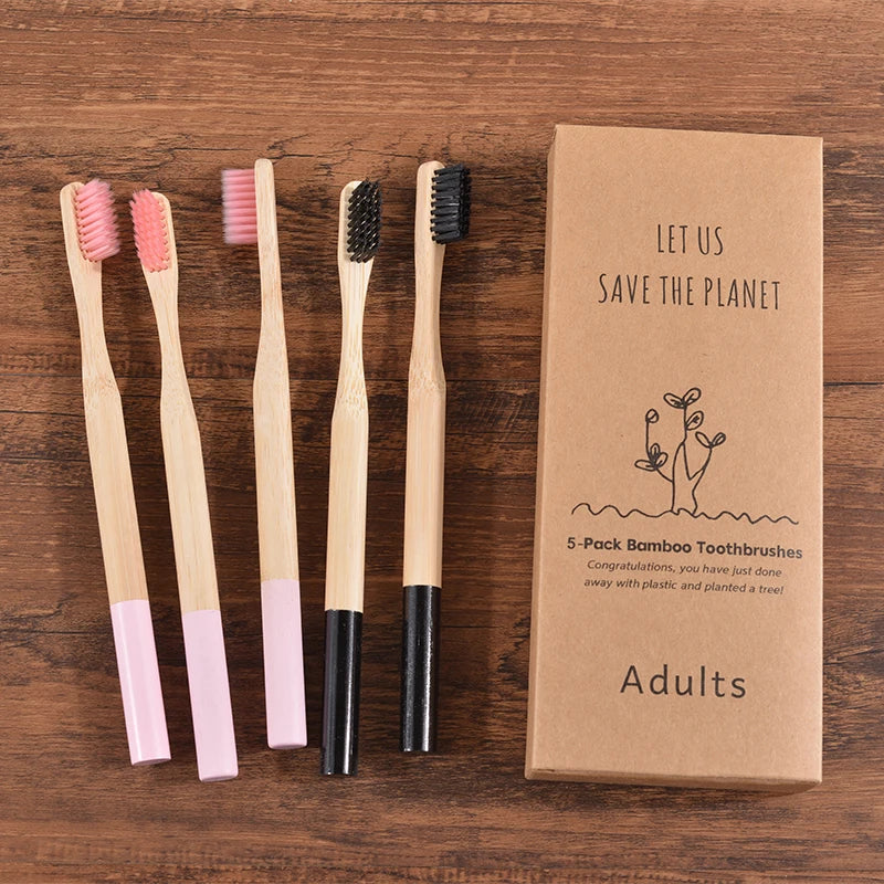 Bamboo Handle Toothbrushes, 5-Pack, Nylon Bristles