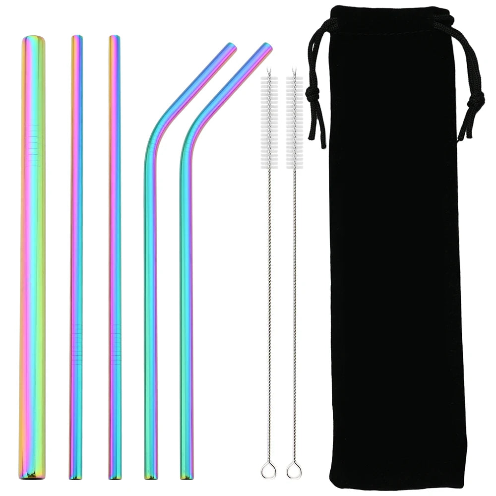 Snplowum Reusable Stainless Steel Straws – Straight & Bent | Rainbow & Silver | CE/EU LFGB SGS Certified