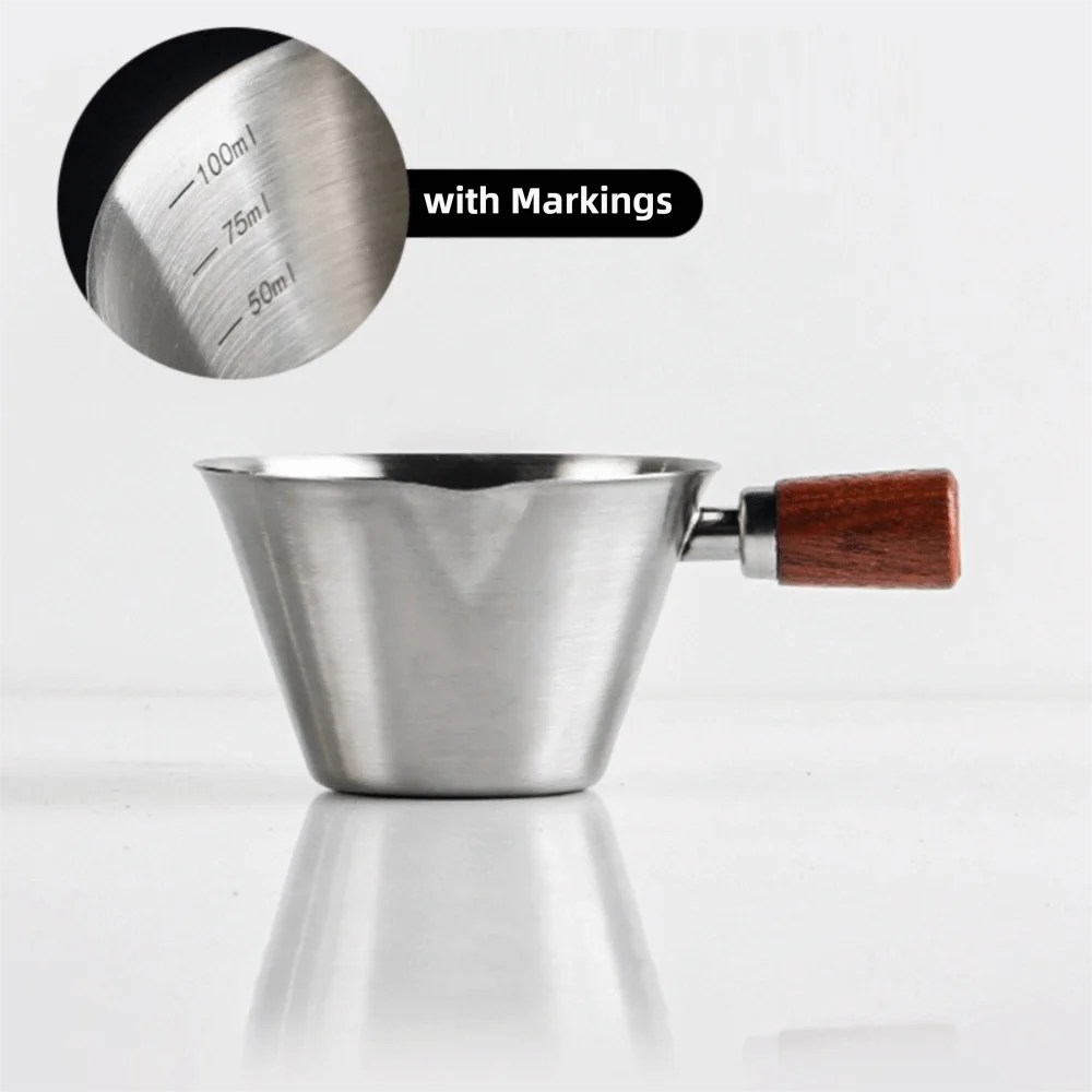 Stainless Steel Espresso Shot Cup with Walnut Wood Handle – 100ml Double Shot Measuring Cup