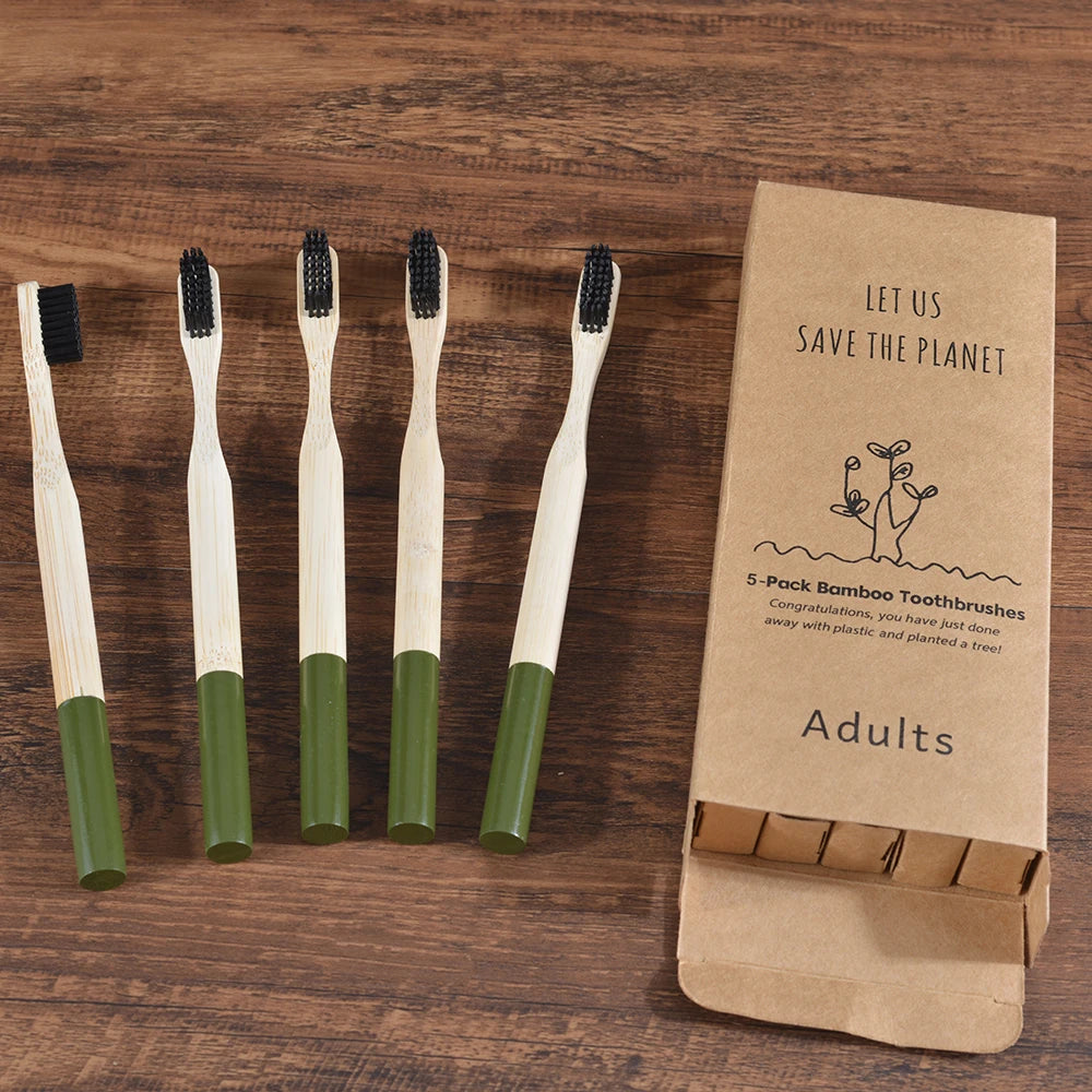Bamboo Handle Toothbrushes, 5-Pack, Nylon Bristles