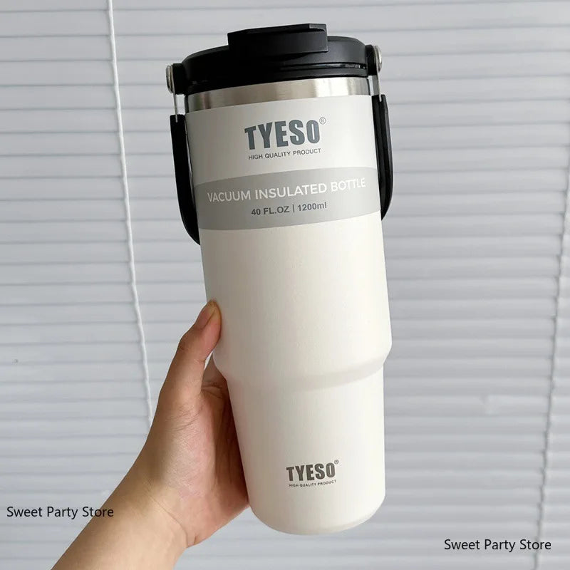TYESO Insulated Tumbler with Straw & Handle – 600ml to 1200ml | Hot & Cold Flask