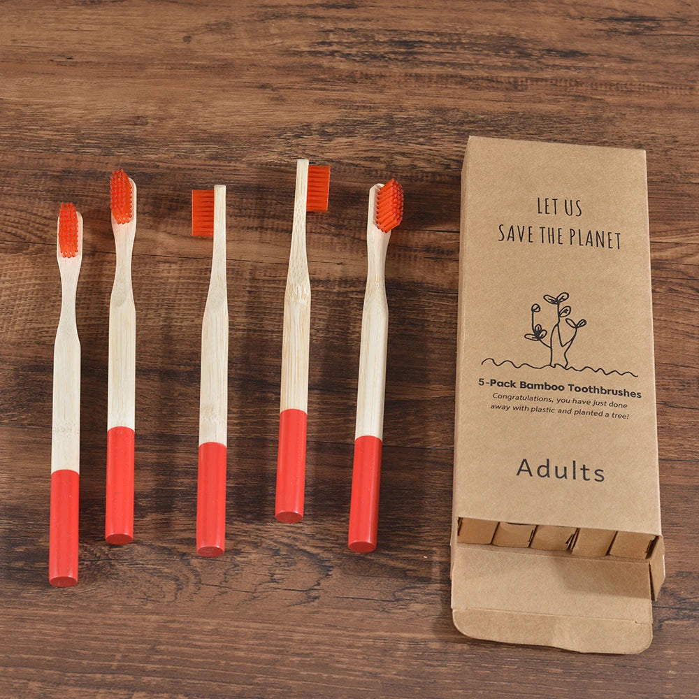 Bamboo Handle Toothbrushes, 5-Pack, Nylon Bristles
