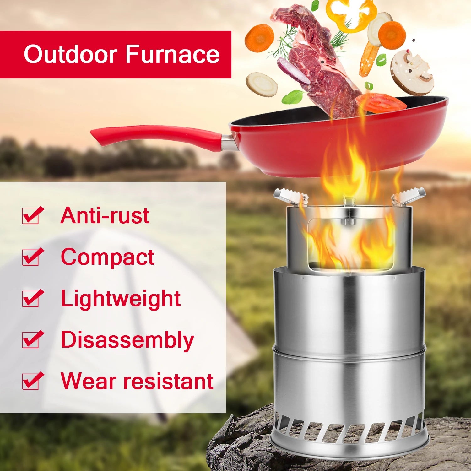 Portable Stainless Steel Wood-Burning Camp Stove — S & L Sizes