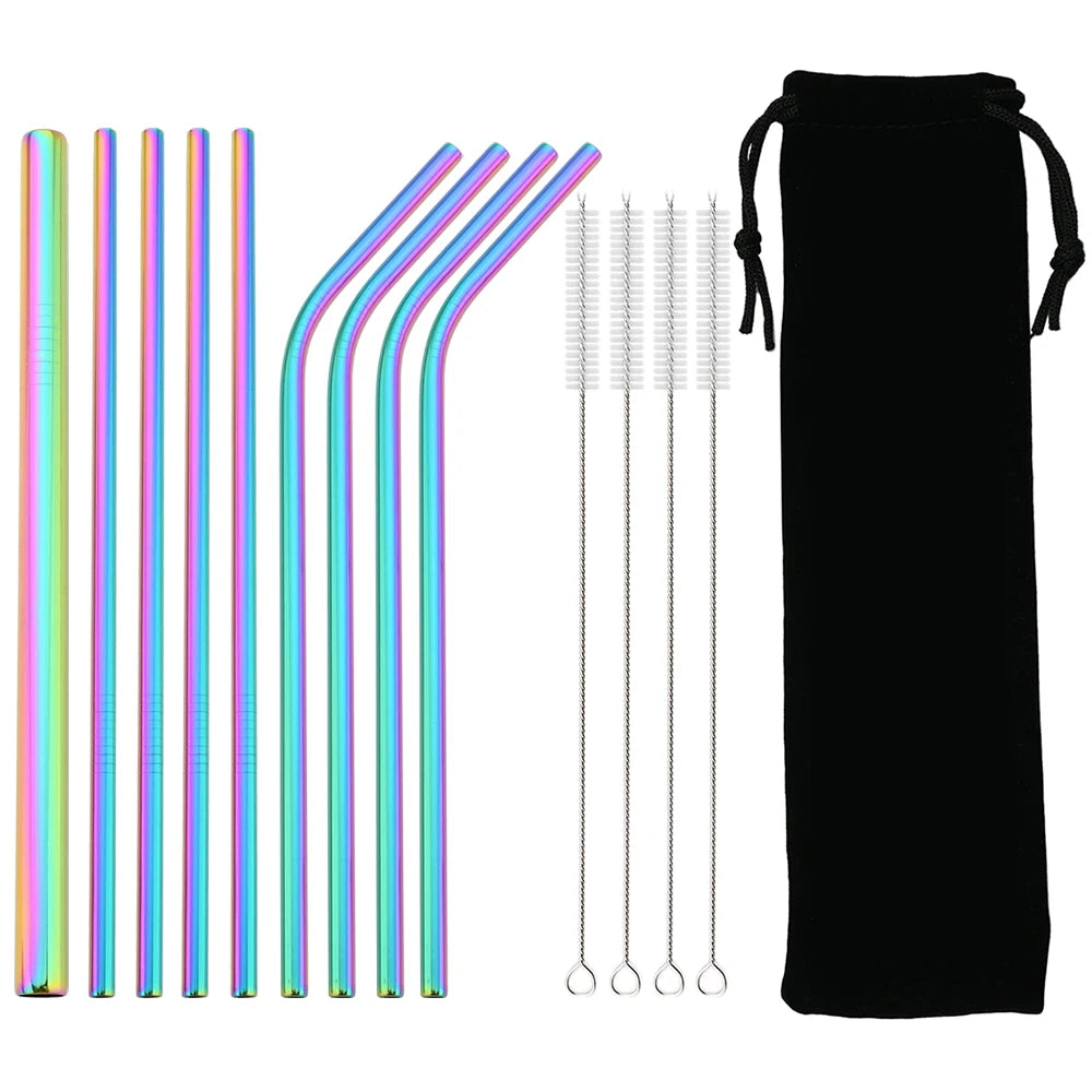 Snplowum Reusable Stainless Steel Straws – Straight & Bent | Rainbow & Silver | CE/EU LFGB SGS Certified