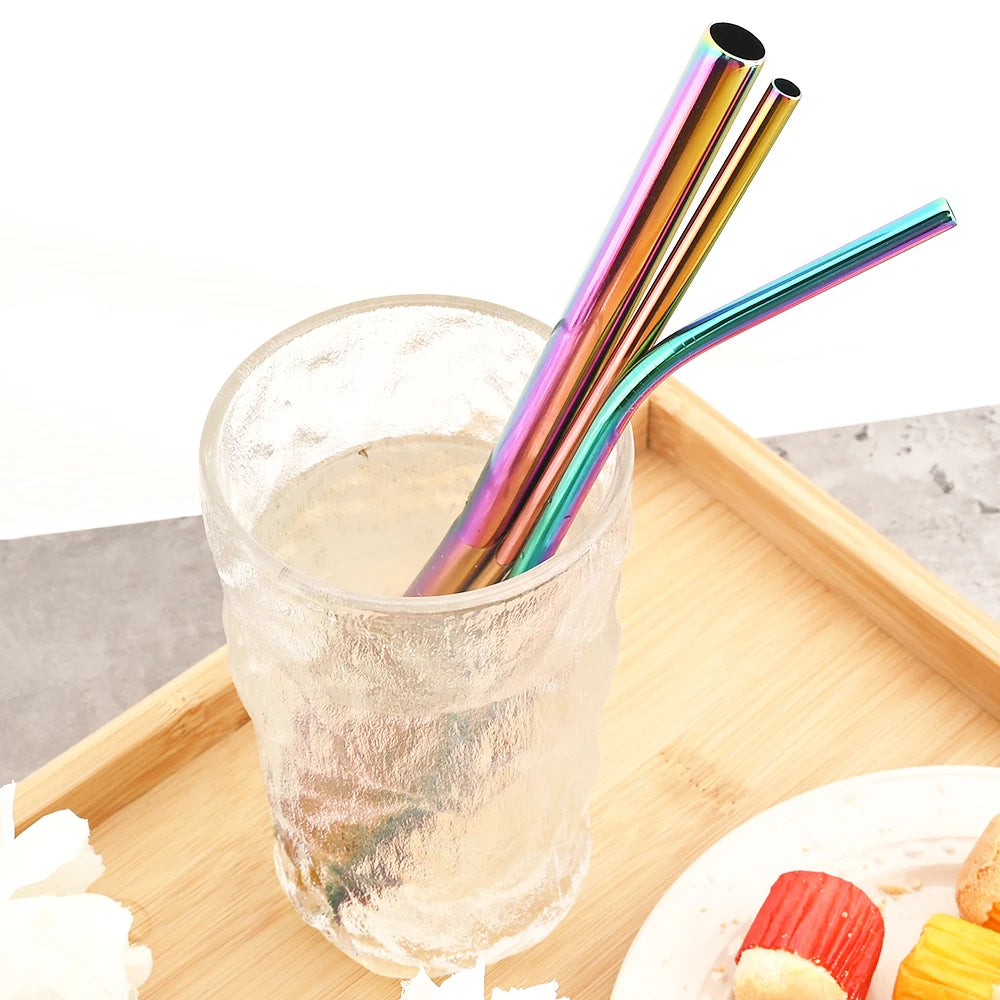 Snplowum Reusable Stainless Steel Straws – Straight & Bent | Rainbow & Silver | CE/EU LFGB SGS Certified
