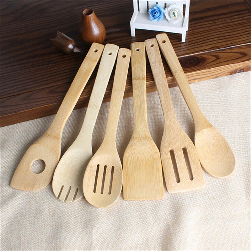 Bamboo Kitchen Utensil Set - 6-Piece Wooden Spoons & Spatulas with Storage Bag