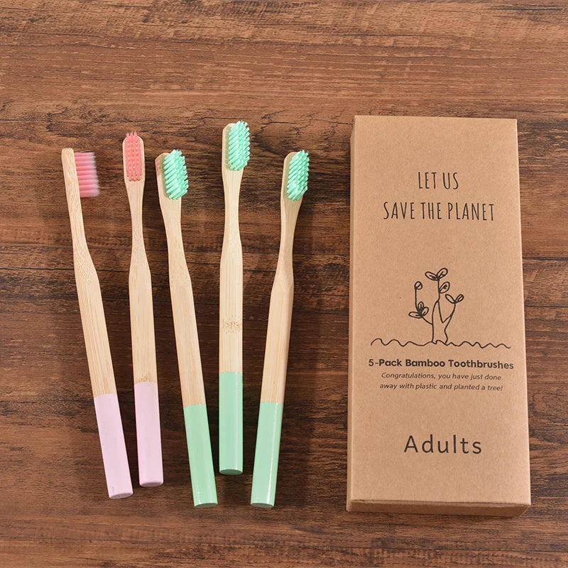 Bamboo Handle Toothbrushes, 5-Pack, Nylon Bristles