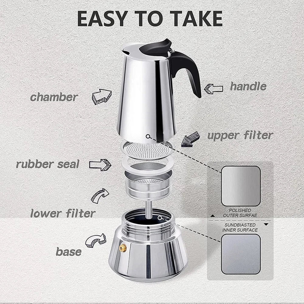 Stainless Steel Moka Pot | All-Hob Stovetop Espresso Maker | 2 Styles | 100ml–600ml