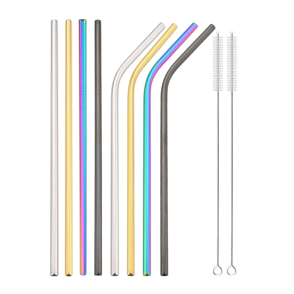Snplowum Reusable Stainless Steel Straws – Straight & Bent | Rainbow & Silver | CE/EU LFGB SGS Certified