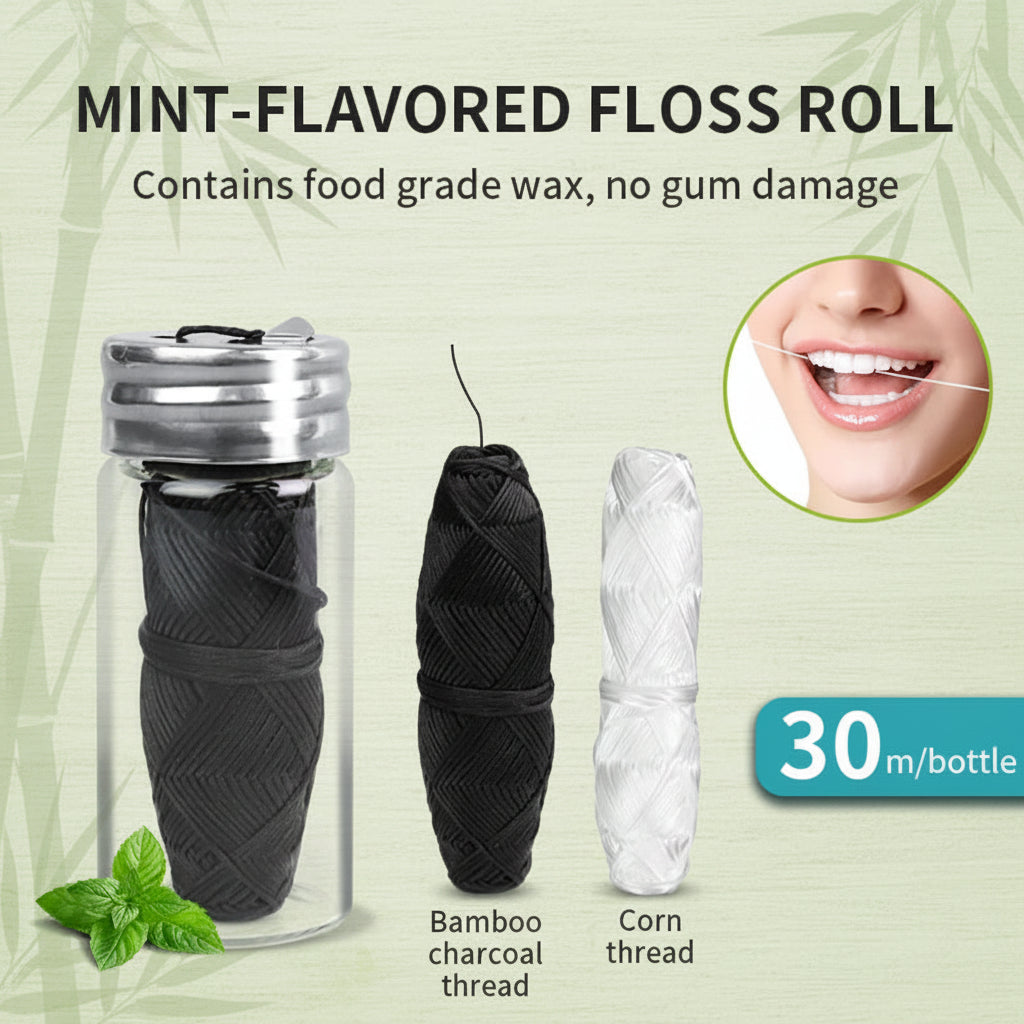 Mint Dental Floss in Glass Bottle – 30m Bamboo Charcoal & Corn Fibre