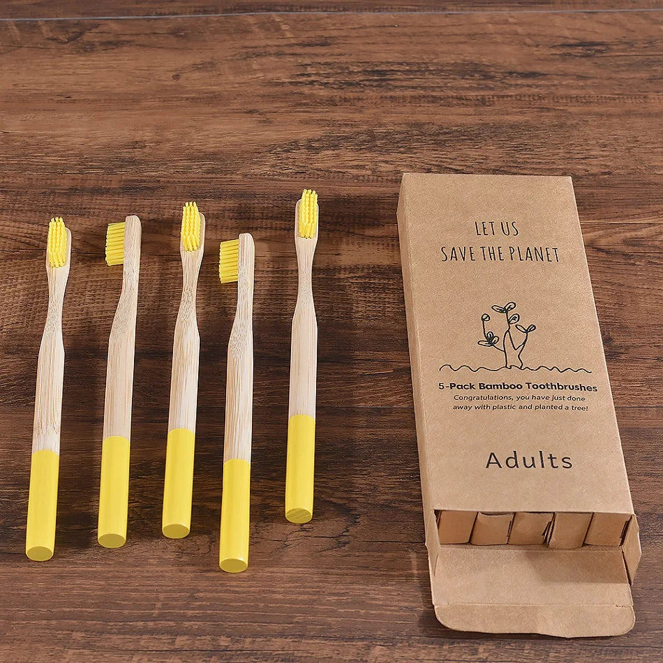 Bamboo Handle Toothbrushes, 5-Pack, Nylon Bristles
