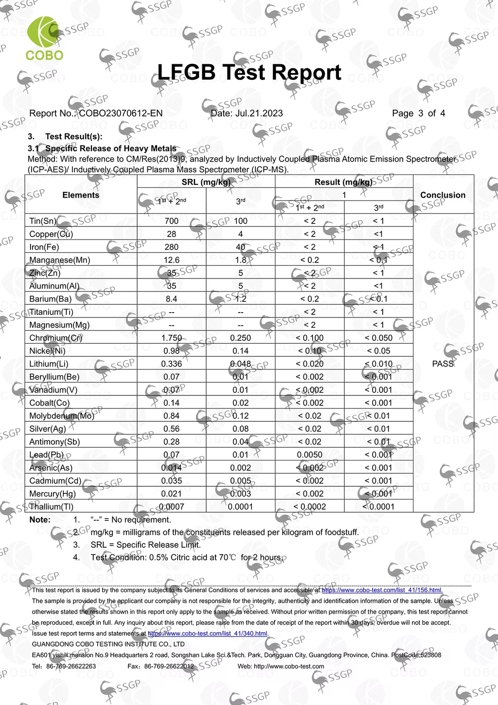 LFGB test report page 3 of 4 – heavy metal release results table