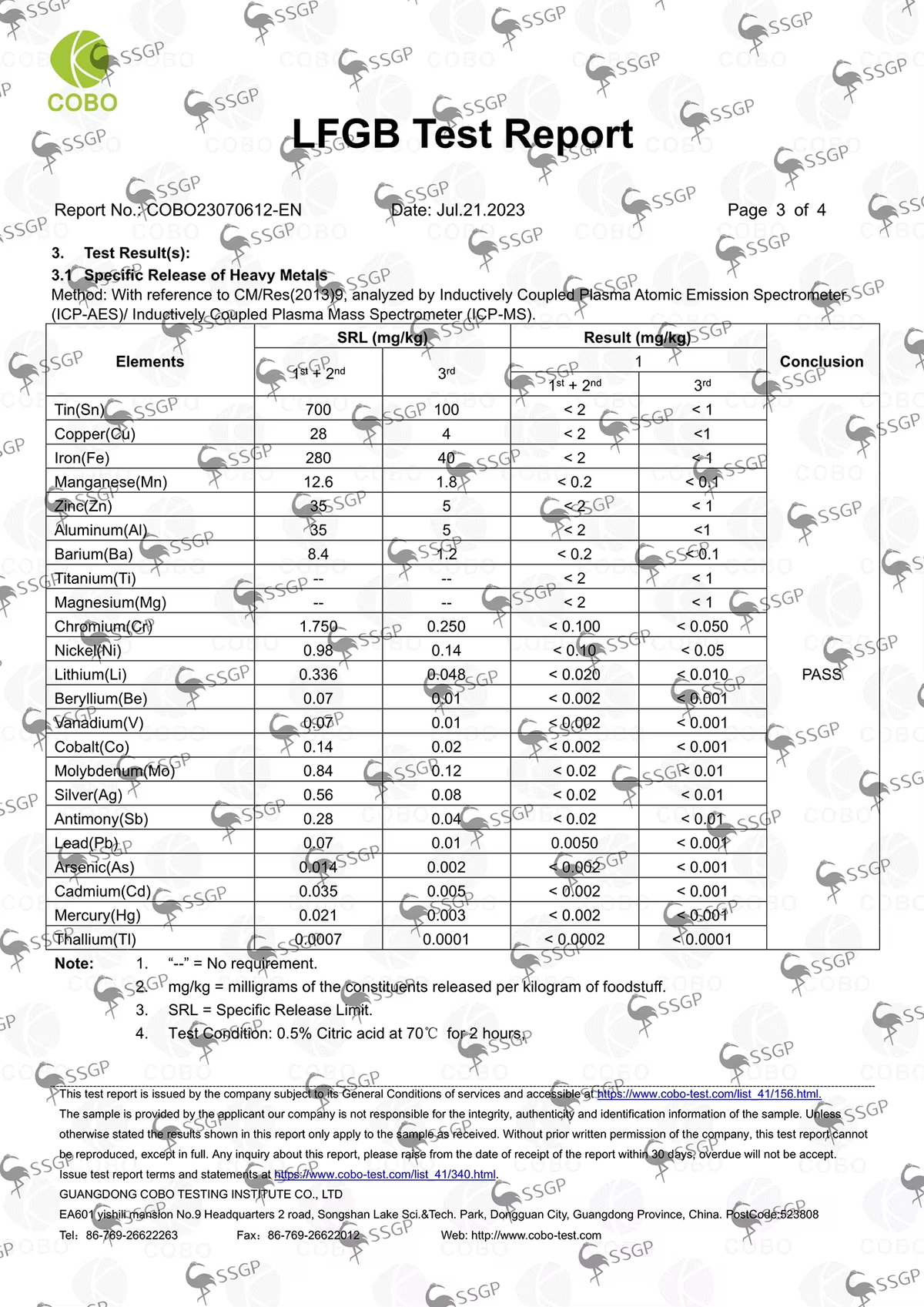 LFGB test report page 3 of 4 – heavy metal release results table
